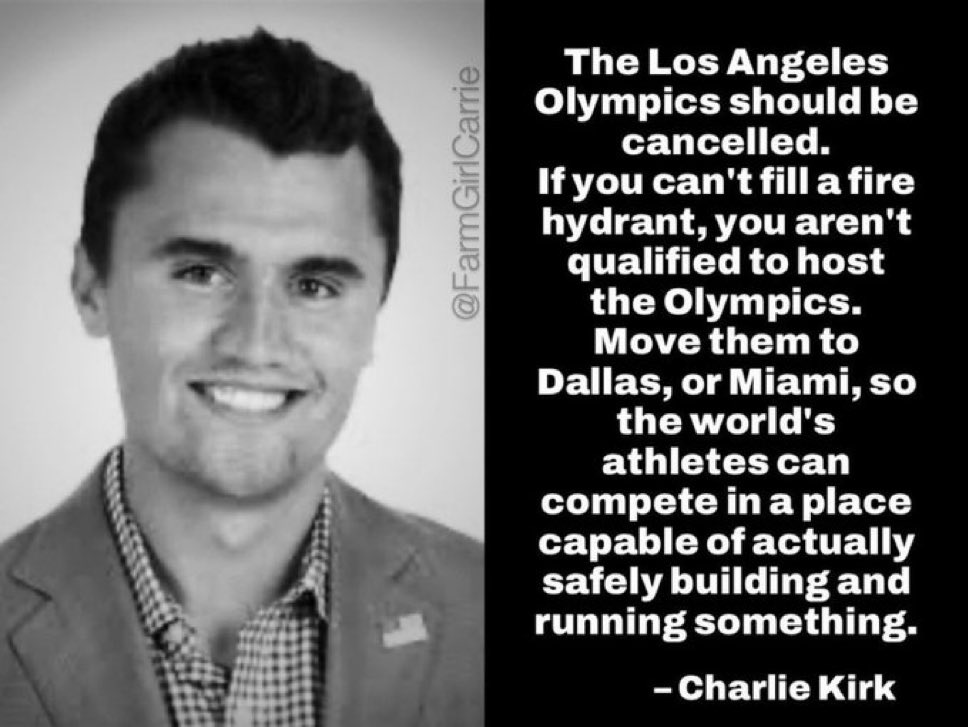 Hosna ⚖️ (@dogeqeen) on Twitter photo The 2028 LA Olympics are a DISGRACE waiting to happen dry hydrants, raging wildfires, and a city overrun by Newsom’s chaos! CANCEL IT NOW and ship it to Texas or Florida
places with SPINE to protect our athletes! LA’s a ticking time bomb, and I’m SICK of it! The 2028 LA Olympics are a DISGRACE waiting to happen dry hydrants, raging wildfires, and a city overrun by Newsom’s chaos! CANCEL IT NOW and ship it to Texas or Florida
places with SPINE to protect our athletes! LA’s a ticking time bomb, and I’m SICK of it!