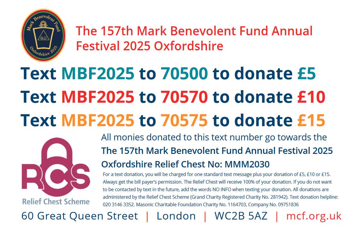 Oxfordshire Mark Group (@oxfordshiremark) on Twitter photo This #CharityTuesday, you can donate and support the Mark Benevolent Fund quickly and easily by text message. The work of the MBF is something for all of us to be proud of, and every donation counts.
"Bis Dat Qui Cito Dat"
<a href="/MarkMasonsHall/">Mark Masons' Hall</a> <a href="/PresidentMBF/">Past President of the Mark Benevolent Fund</a> <a href="/dwcoleman888/">Darren Coleman-Heald</a> This #CharityTuesday, you can donate and support the Mark Benevolent Fund quickly and easily by text message. The work of the MBF is something for all of us to be proud of, and every donation counts.
"Bis Dat Qui Cito Dat"
<a href="/MarkMasonsHall/">Mark Masons' Hall</a> <a href="/PresidentMBF/">Past President of the Mark Benevolent Fund</a> <a href="/dwcoleman888/">Darren Coleman-Heald</a>