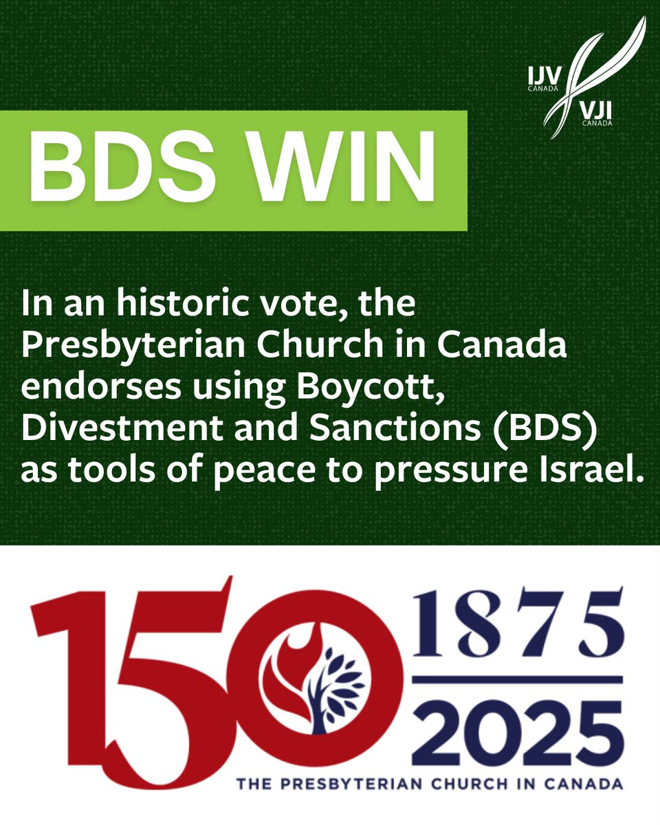 BREAKING: A mainline Canadian church has joined the growing movement for justice in Palestine!

Last week, The Presbyterian Church in Canada (<a href="/PCConnect/">Presbyterian News</a>) passed a major resolution endorsing <a href="/BDSmovement/">BDS movement</a> tactics as “tools of peace” to oppose Israeli oppression of Palestinians.