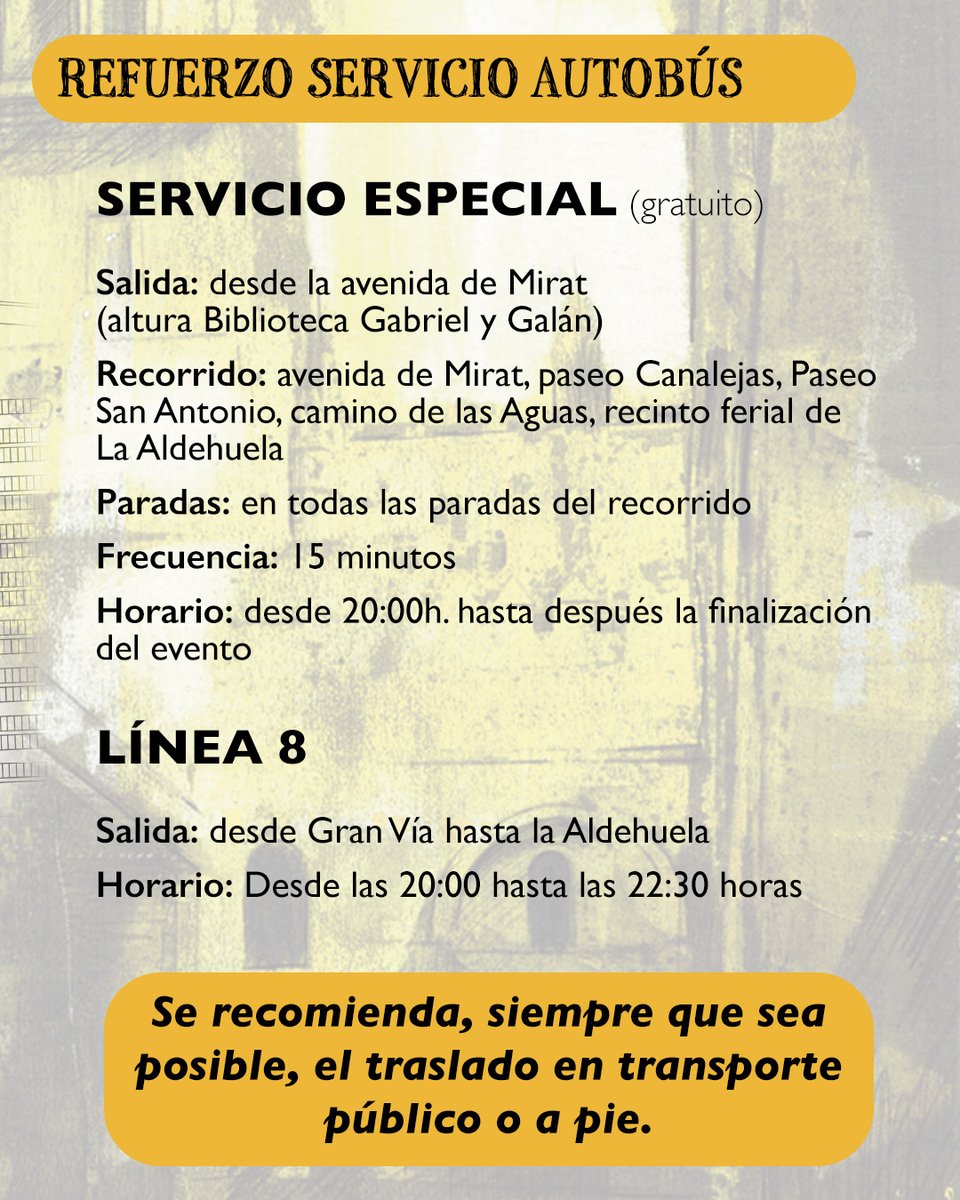 #SanJuandeSahagún
🚍Refuerzo servicio de autobús
🗓️11 de junio

👉Servicio especial gratuito
📍De avda de Mirat hasta recinto Ferial de La Aldehuela
🕘Desde las 20h. hasta después de la finalización del evento

👉Línea 8
📍Desde Gran Vía
🕘Disponible desde las 20 hasta las 22:30h