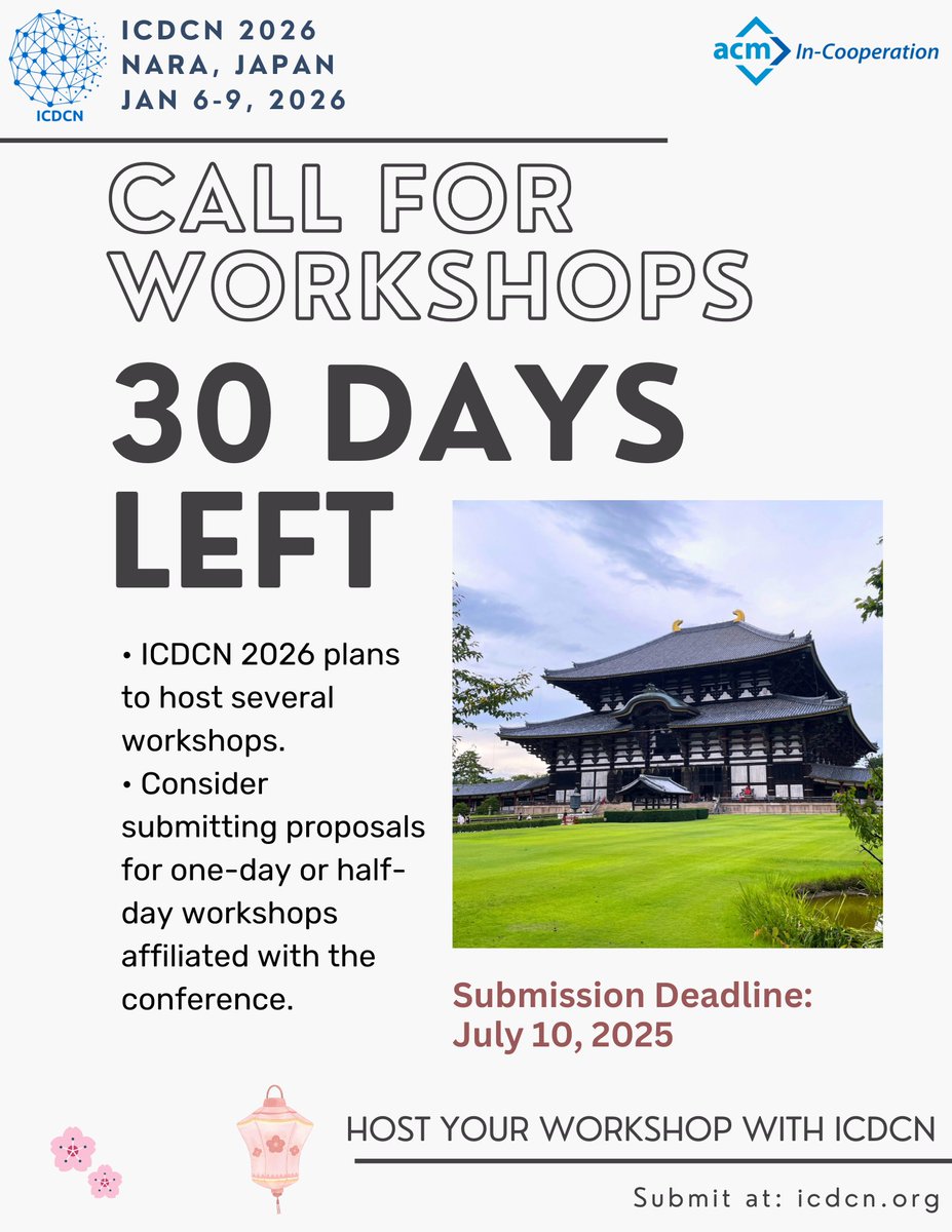 ICDCN (@icdcn_conf) on Twitter photo π’ 30 Days left to submit Workshop Proposals at ICDCN 2026!
π Deadline: July 10, 2025
π‘Workshops should emphasize current topics of interest within the broader areas of Distributed Computing and Networks.
Submit at: icdcn.org
#conference
<a href="/sandip2201/">Sandip Chakraborty</a> π’ 30 Days left to submit Workshop Proposals at ICDCN 2026!
π Deadline: July 10, 2025
π‘Workshops should emphasize current topics of interest within the broader areas of Distributed Computing and Networks.
Submit at: icdcn.org
#conference
<a href="/sandip2201/">Sandip Chakraborty</a>
