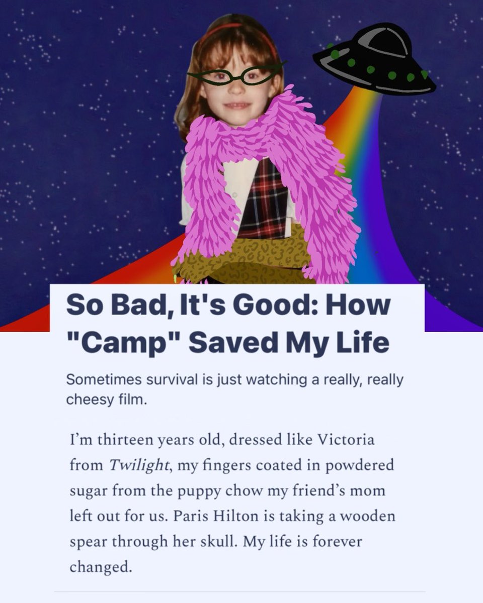 my first personal essay is on Nowhereland Weekly! it’s pride month, and though i may not have known it when i was growing up, campiness and queerness was always a part of my life.

read now: allisonponthier.substack.com/p/so-bad-its-g…