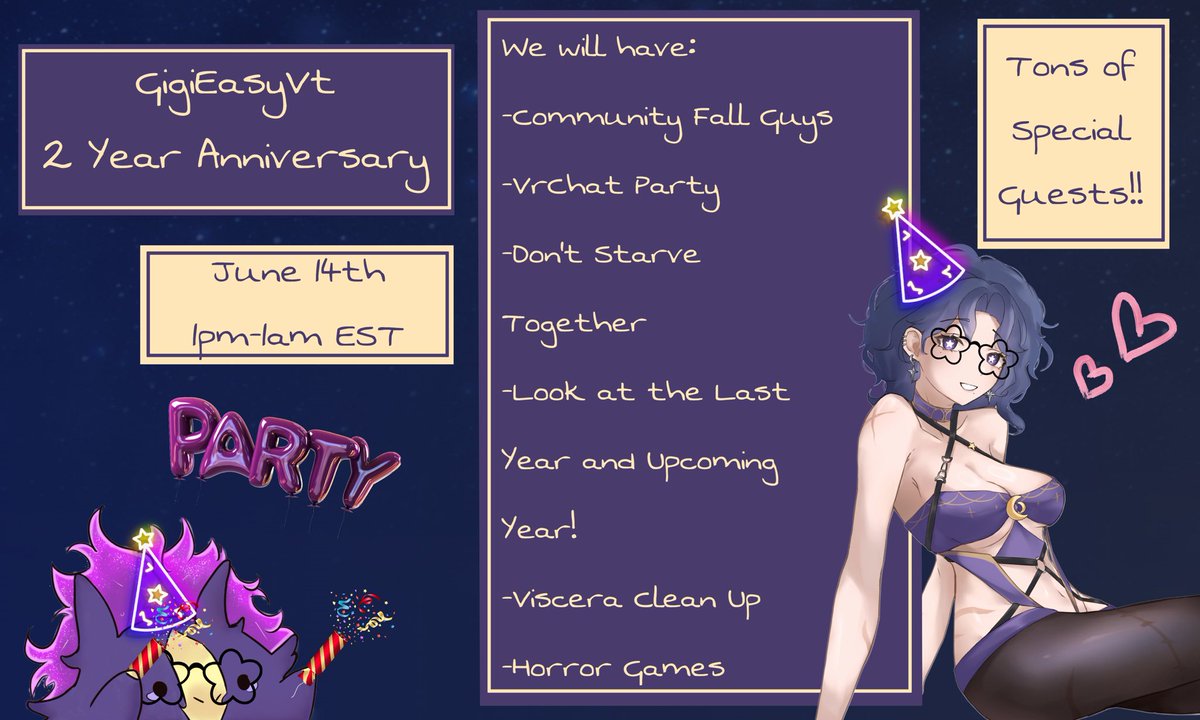 The 11th is my 2 year anniversary of streaming and the 19th is my affiliate anniversary!

To celebrate on the 14th I will be doing a 12 hour stream :D

Tons of surprise guests and a fun party at the end with a setlist by MrGREATNESS!!

June 14th 1pm-1am EST

#Vtuber