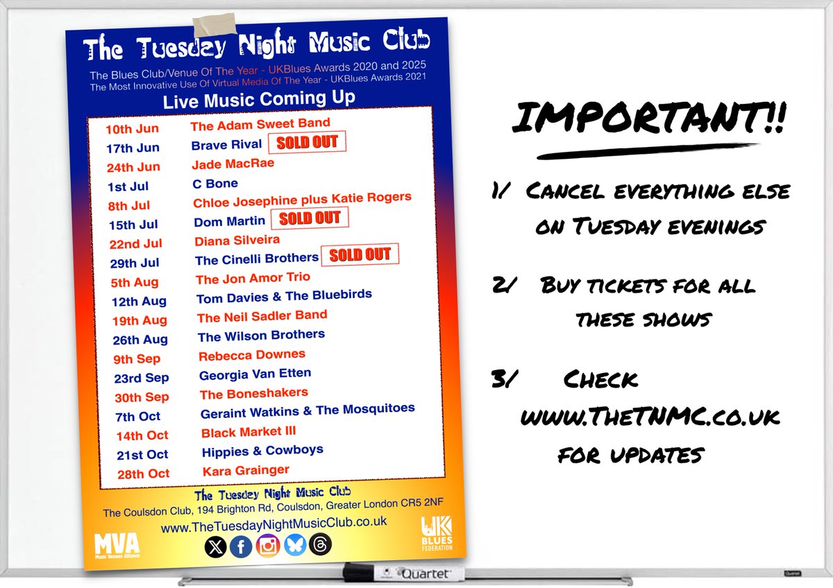 Here's that shopping list you were looking for...   You know it's the debut of The Adam Sweet Band at <a href="/The_TNMC/">The TNMC</a> tomorrow so get your ticket for that and then make sure you've got one for every other show!  There's only one place you want to be on a Tuesday night!   See you there!