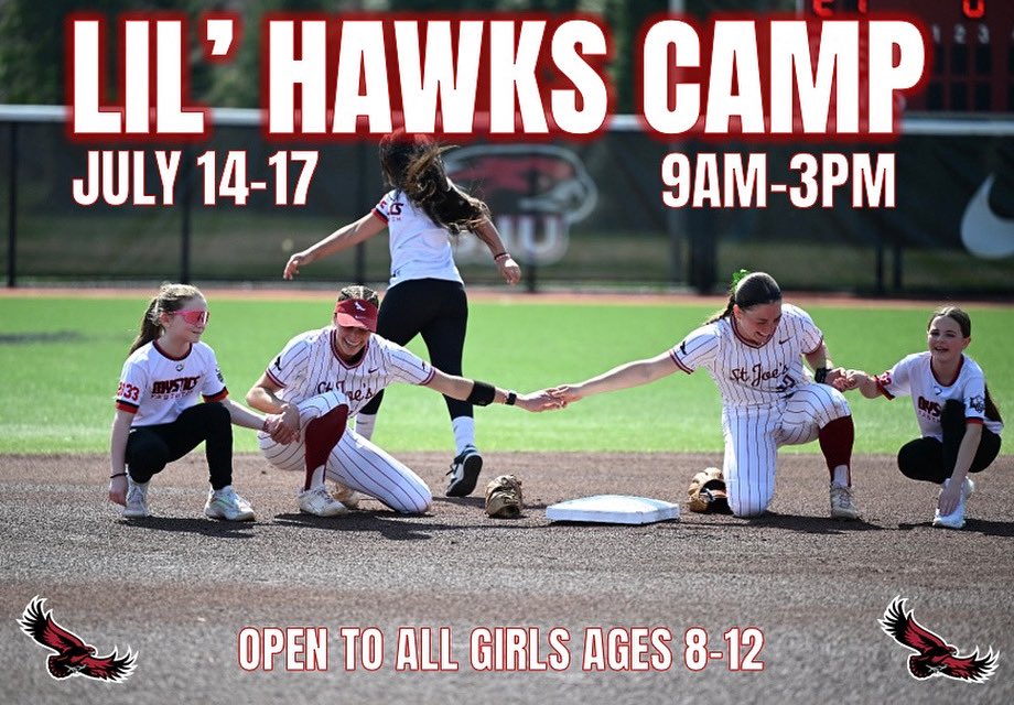 LIL’ HAWKS CAMP IS BACK!!!! Use the link below to register for our kids camp July 14-17 (open to ages 8-12)!! Spaces limited, register today!! 

info.collegesoftballcamps.com/sjuhawks/
