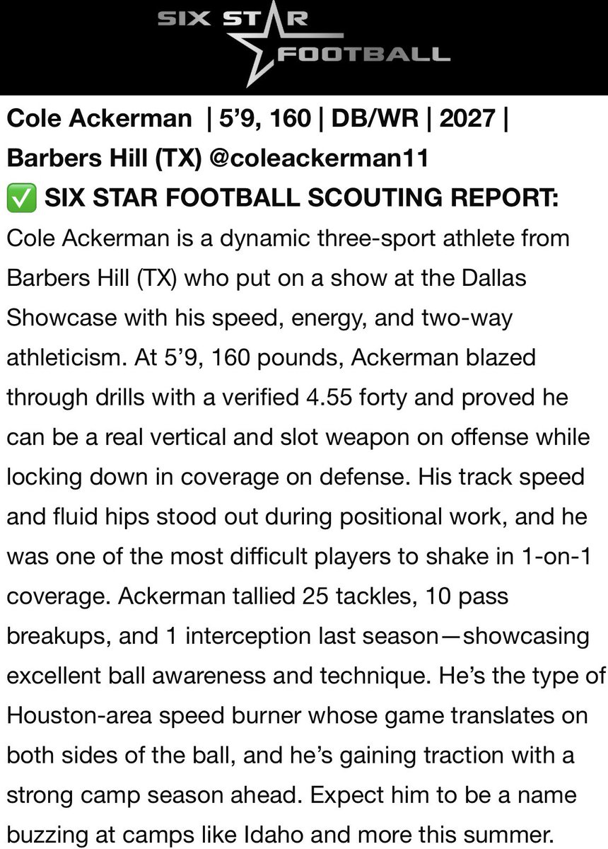 coleackerman11's tweet image. Thanks @sixstarfootball for the write up! @BHEagleFootball @CoachNelson_ @blaylock_23