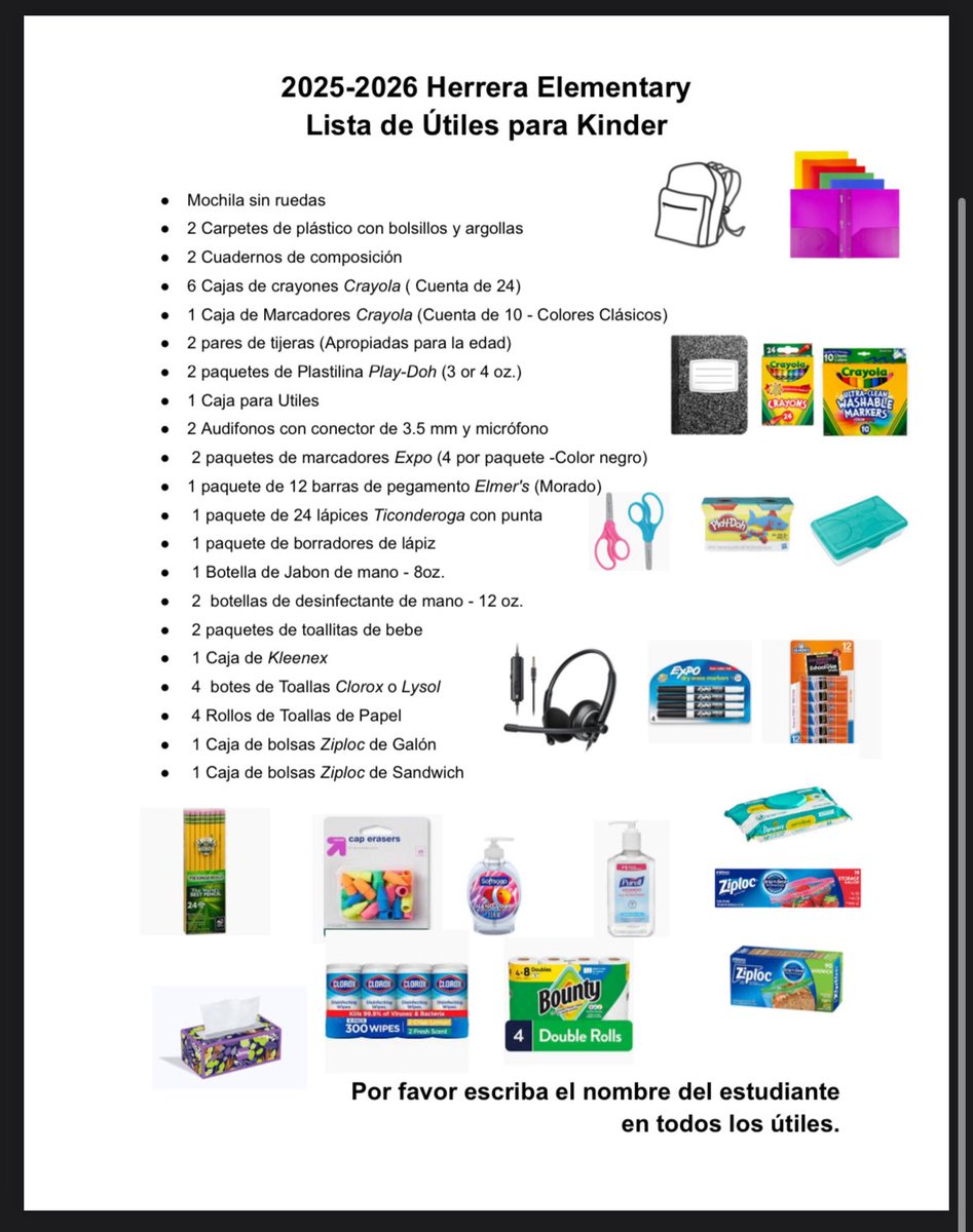 📚✨Get Ready for an Awesome New School Year! ✨📚
The 2025–2026 school supply lists are now available! 🎒
📄 Paper copies are available in the front office!
You can find Kindergarten’s list below! 
#HerreraHuskies