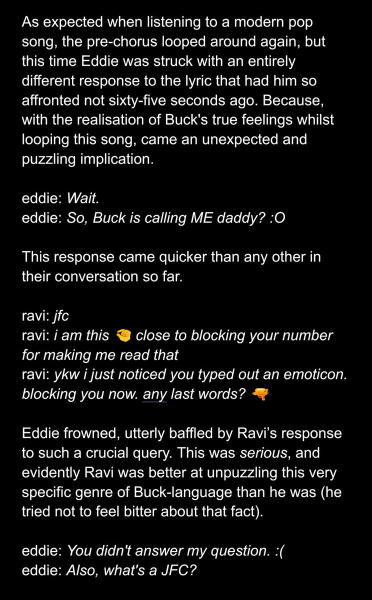soooo, fic where ravi notices buck looping f2f by sza on spotify and tells eddie, and eddie reacts in a very... normal way?