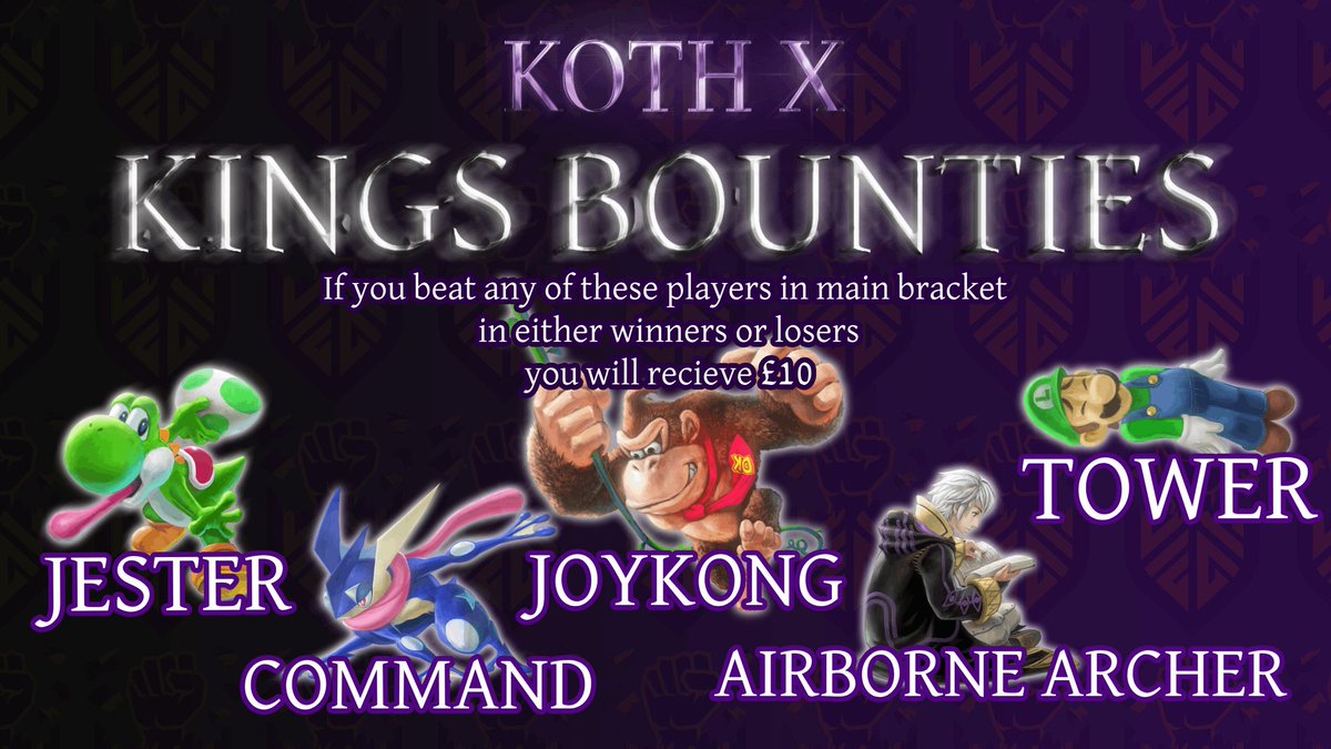 As the ever generous King of the Hill, I have a duty to provide for my people. Defeat me or any of my royal subjects, and you may find yourself a little richer...
Make sure to sign up for endless glory, and a chance to dethrone your highness himself!
start.gg/tournament/kin…