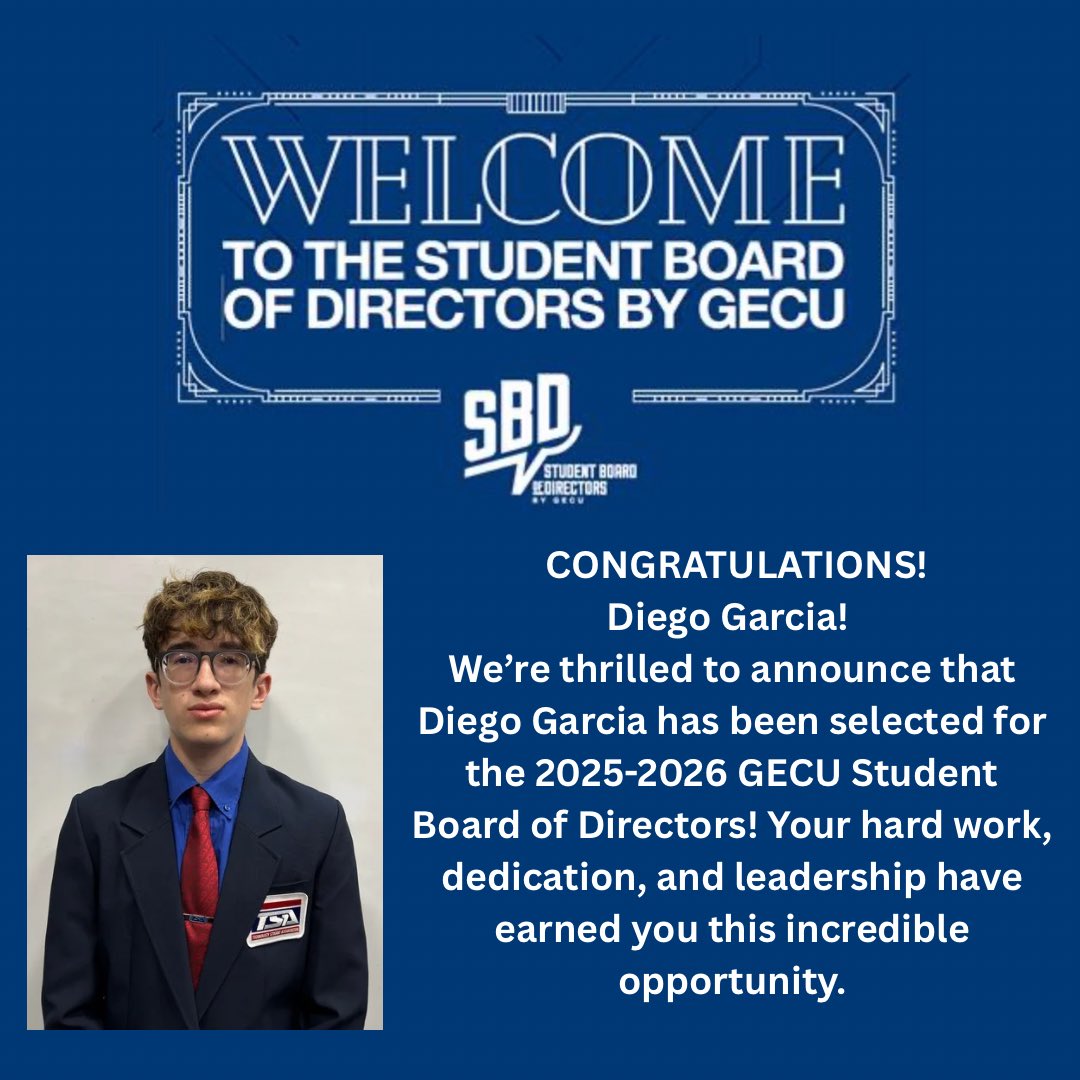 Brian Flores (@mrbflores_) on Twitter photo Congrats, Diego Garcia, on being selected for the 2025-2026 <a href="/myGECU/">GECU</a> Student Board of Directors! This incredible opportunity opens doors for students to grow, lead, and network. Huge thanks to <a href="/myGECU/">GECU</a> for empowering our youth!
<a href="/HanksGutierrez/">Danny Gutierrez</a> <a href="/bre_terrazas/">Brenda Terrazas</a> <a href="/CDeLaO_CTE/">Cecy De La O</a> Congrats, Diego Garcia, on being selected for the 2025-2026 <a href="/myGECU/">GECU</a> Student Board of Directors! This incredible opportunity opens doors for students to grow, lead, and network. Huge thanks to <a href="/myGECU/">GECU</a> for empowering our youth!
<a href="/HanksGutierrez/">Danny Gutierrez</a> <a href="/bre_terrazas/">Brenda Terrazas</a> <a href="/CDeLaO_CTE/">Cecy De La O</a>