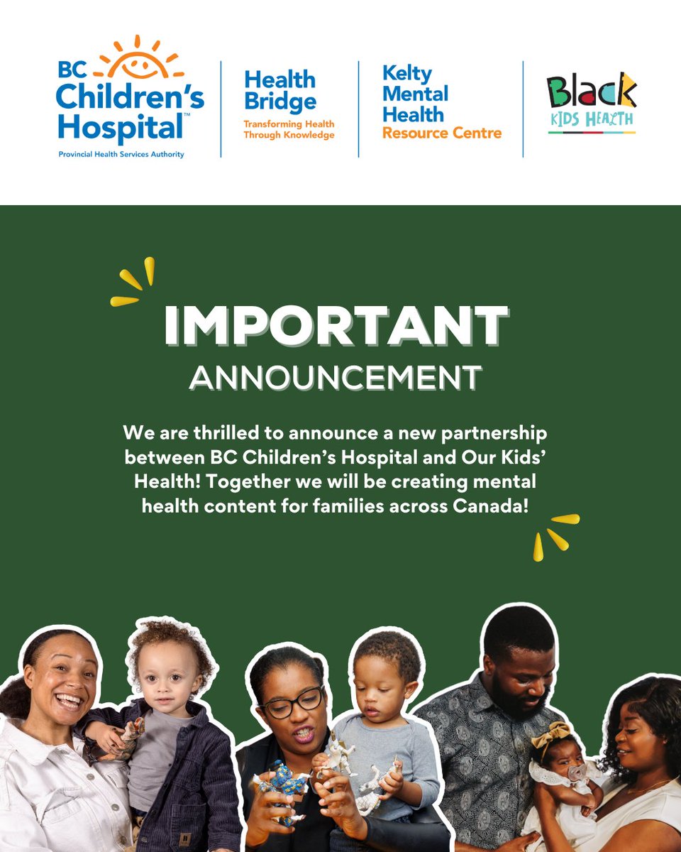 Black Kids’ Health (@blackkidshealth) on Twitter photo We’re excited to announce a new partnership between <a href="/BCChildrensHosp/">BC Children's Hospital</a> and <a href="/Our_KidsHealth/">Our Kids' Health</a>!
Together, we’re creating accessible, family-focused mental health content to support Black families across Canada.
<a href="/KeltyCentre/">Kelty Mental Health</a>
#OKHMentalHealthHub We’re excited to announce a new partnership between <a href="/BCChildrensHosp/">BC Children's Hospital</a> and <a href="/Our_KidsHealth/">Our Kids' Health</a>!
Together, we’re creating accessible, family-focused mental health content to support Black families across Canada.
<a href="/KeltyCentre/">Kelty Mental Health</a>
#OKHMentalHealthHub