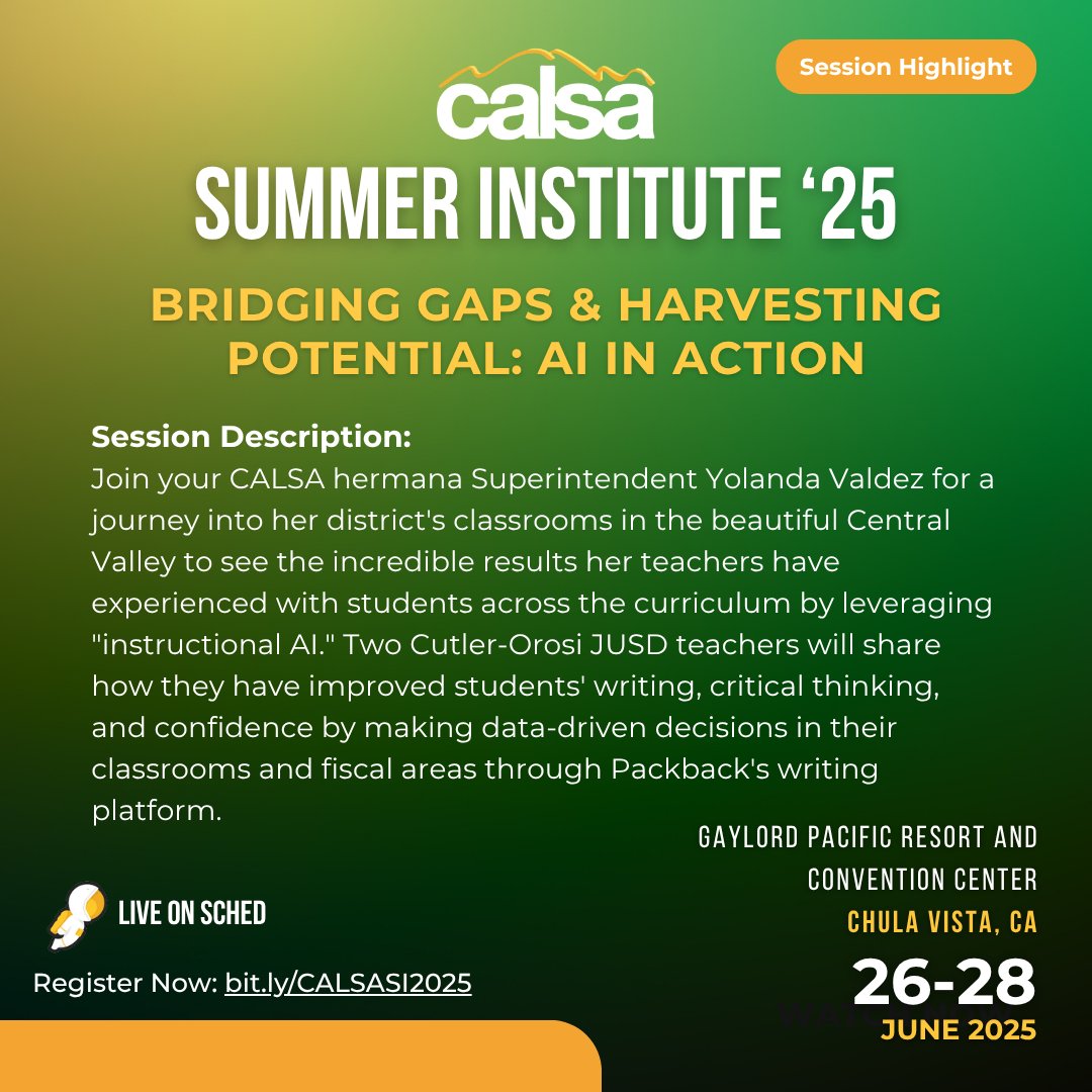 CALSAfamilia's tweet photo. 🌱 SI2025 Spotlight
Superintendent Yolanda Valdez leads a powerful session on how Cutler-Orosi USD is using instructional AI to grow student voice. 🌾🍃
One of many sessions blooming at #CALSA rooted in Somos Semillas 🌻
🔗 Register today: https://t.co/grYOIiVvHD
#CALSAFamilia https://t.co/pBEKUyXVsM