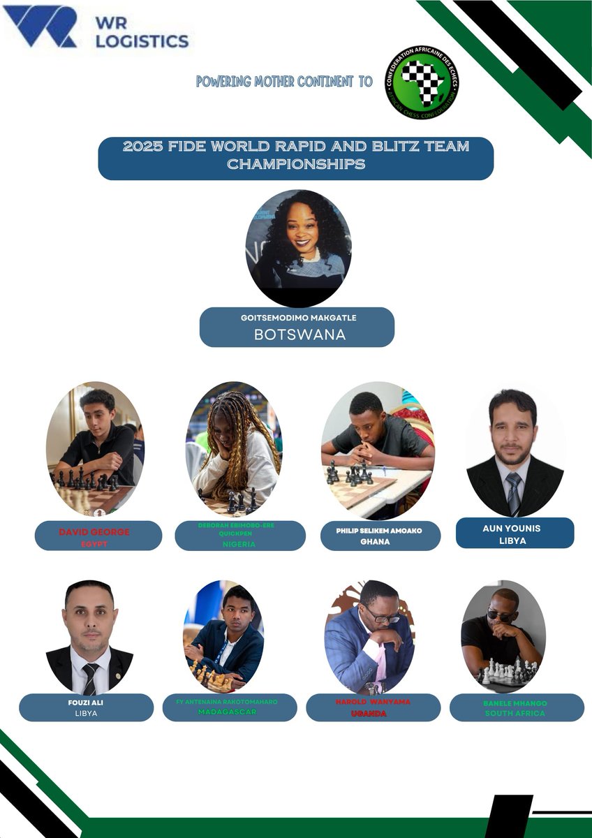Deborah Quickpen (@deborahquickpen) on Twitter photo I'm glad to announce that I've been selected as one of the chess players that'll be representing Africa in the forthcoming 2025 <a href="/FIDE_chess/">International Chess Federation</a> World Rapid and Blitz Team Championship in London.
I'll be competing in Team Mother Continent 😌 showcasing Africa to the world I'm glad to announce that I've been selected as one of the chess players that'll be representing Africa in the forthcoming 2025 <a href="/FIDE_chess/">International Chess Federation</a> World Rapid and Blitz Team Championship in London.
I'll be competing in Team Mother Continent 😌 showcasing Africa to the world