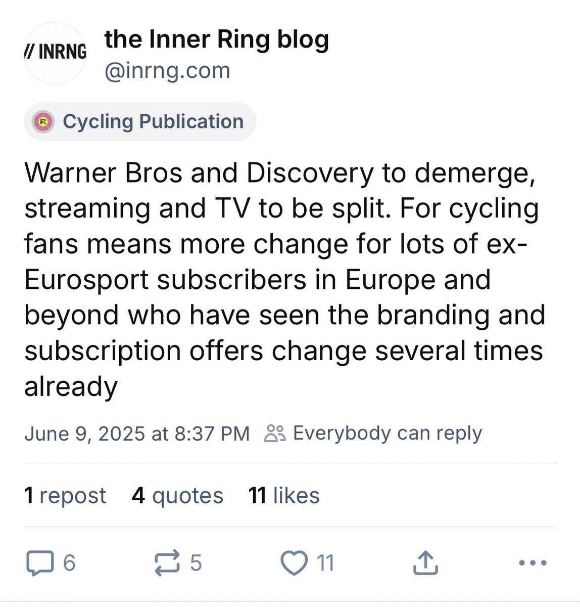 In the future you will have to subscribe to TNT, Discovery, Eurosport &amp; Cbeebies to cover all the races. &amp; race results will be sent to subscribers via carrier pigeon, once the subscriber has successfully completed three heroic tasks &amp; answered the riddle of the day of the Sphinx