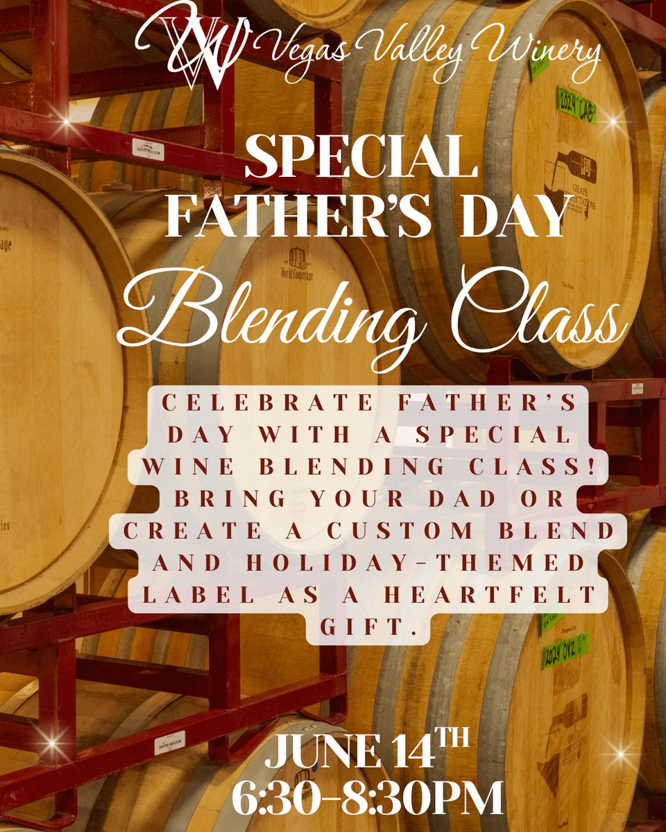 Celebrate Dad with a one-of-a-kind wine experience!

Join us Saturday, June 14 from 6:30-8:30PM for a special Father’s Day edition of our Bordeaux Blend Wine Blending Class at Vegas Valley Winery.

Click the link below or in bio to reserve your spot!

vegasvalleywinery.com/event/wine-ble…