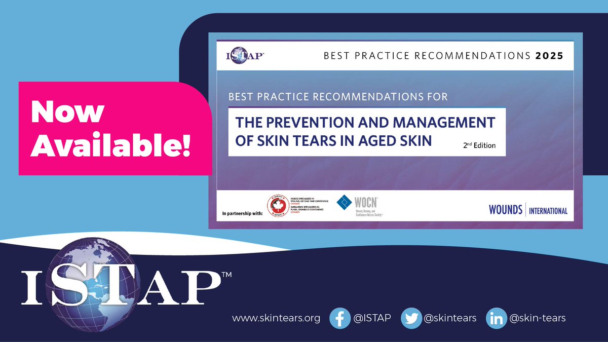 Now available! 🚨 ISTAP’s updated Best Practice Recommendations for Skin Tears in Aged Skin (2nd Ed.).

Download now: skintears.org/post/bpr-for-t…

#SkinTears #ISTAP #WoundCare #AgedSkin #PatientSafety #NursingLeadership #GeriatricCare #WoundPrevention #DataDrivenCare