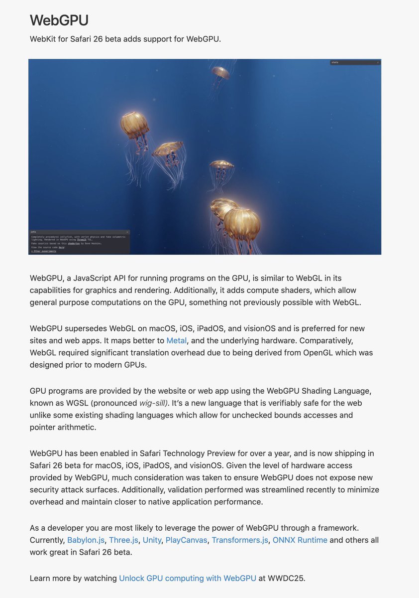 Huge news from WWDC! 🤯 WebGPU is now shipping in Safari 26 beta for macOS, iOS, iPadOS, and visionOS!

This is going to unlock so many possibilities for developers building web applications that take advantage of in-browser machine learning! 🔥

Transformers.js even got a