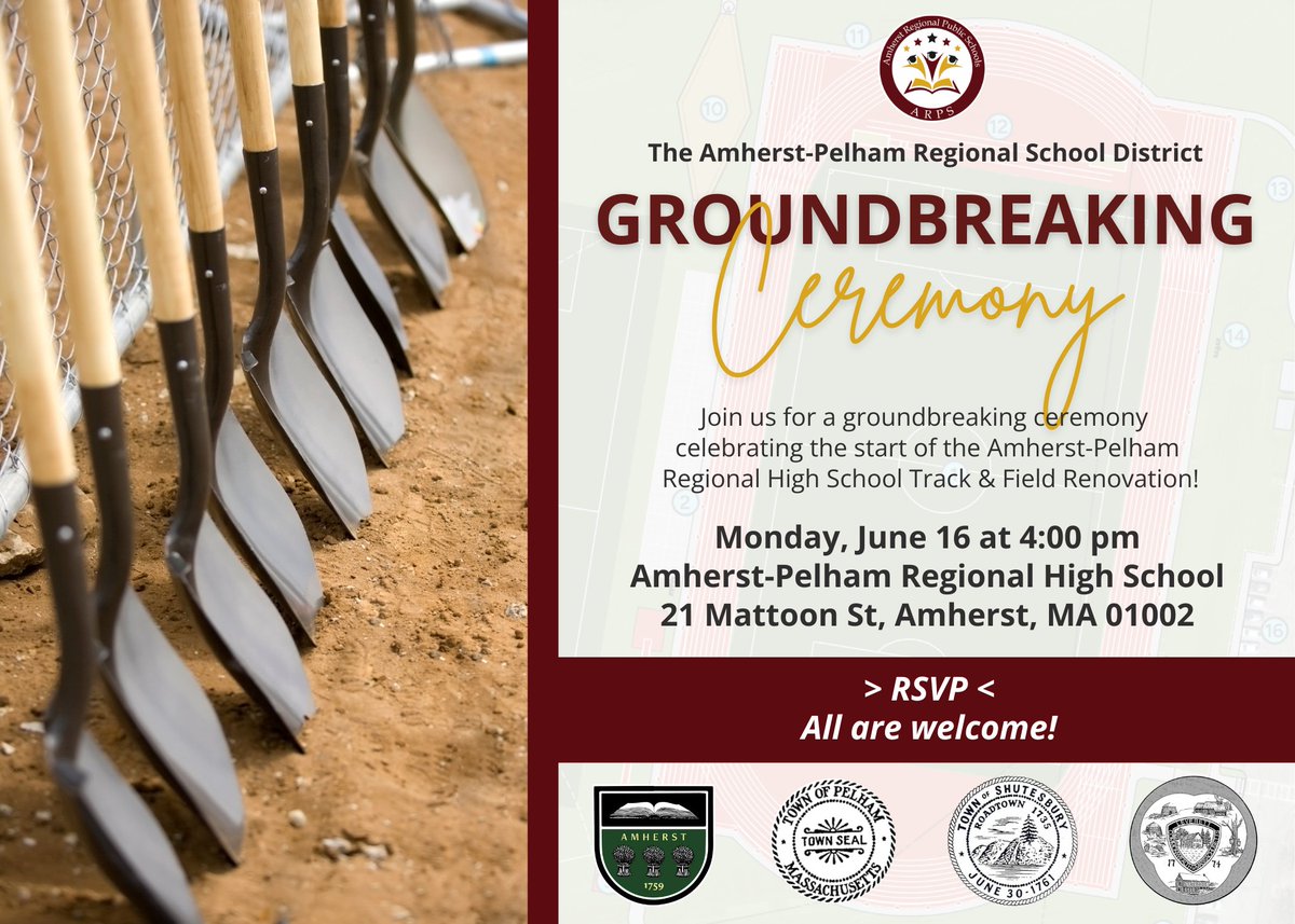 TownOfAmherst's tweet image. 🚧🎉 Join us next Monday, June 16 at 4pm for a groundbreaking ceremony celebrating the start of the Amherst-Pelham Regional High School Track &amp;amp; Field Renovation! All are welcome! Learn more and RSVP: amherstma.gov/calendar.aspx?…