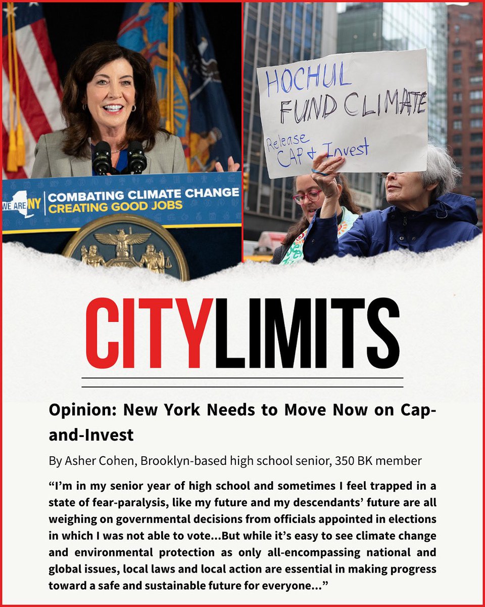 Our youth want climate action and Asher, a high school senior with <a href="/350brooklyn/">350BK</a> , says Cap and Invest is an great place to start.  Check out their take on growing up amid <a href="/GovKathyHochul/">Governor Kathy Hochul</a> ‘s slowroll of our state’s leading climate program: bit.ly/350bkCityLimts…

#releasetheregs