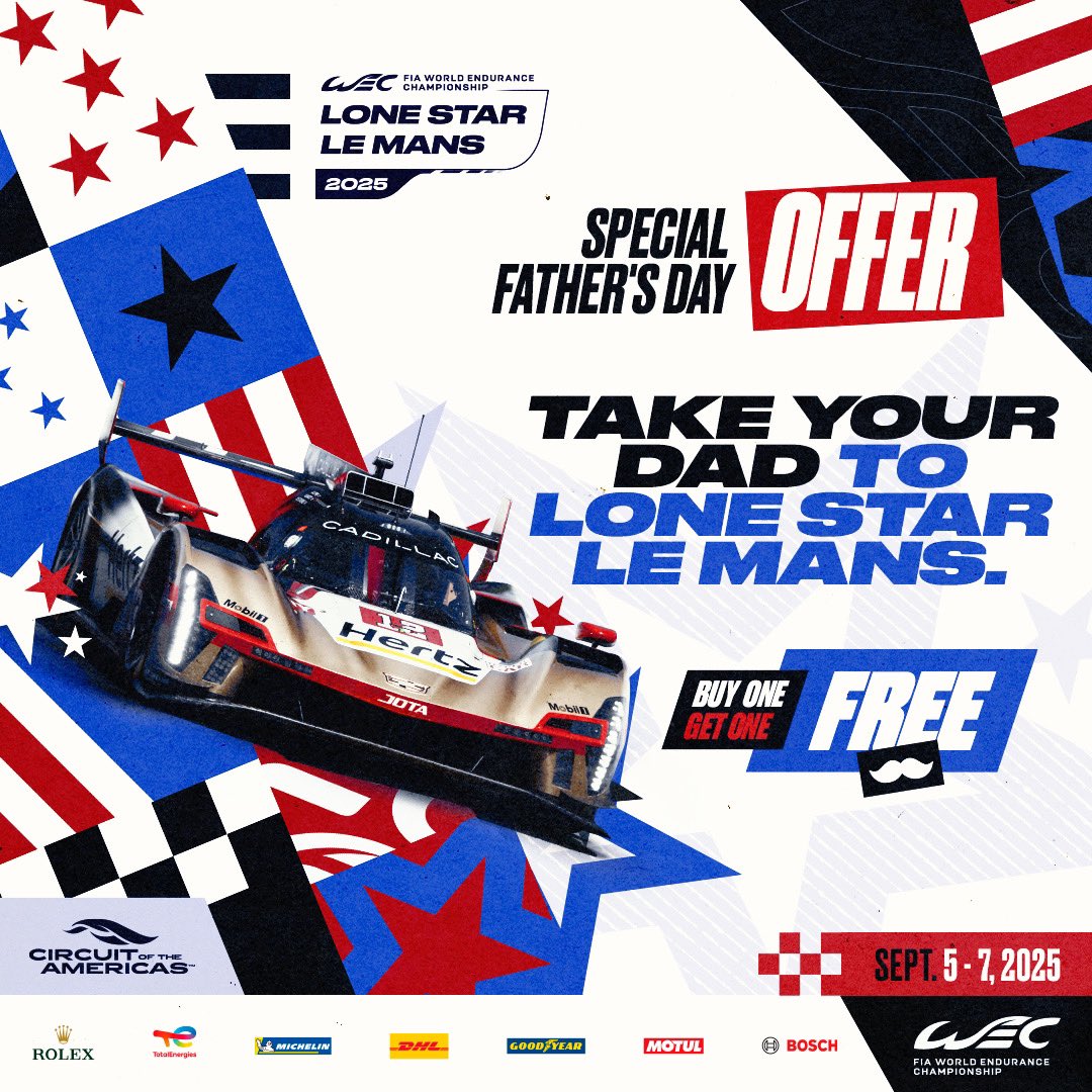 This Father’s Day, give Dad a weekend of world-class racing. Buy a 3-Day Grounds Pass to Lone Star Le Mans and get one free. Upgrade to two Grounds + Paddock Pass combos for the price of one.

This exclusive Father’s Day BOGO deal ends June 21 only at ➡️ thecircuit.com/WEC