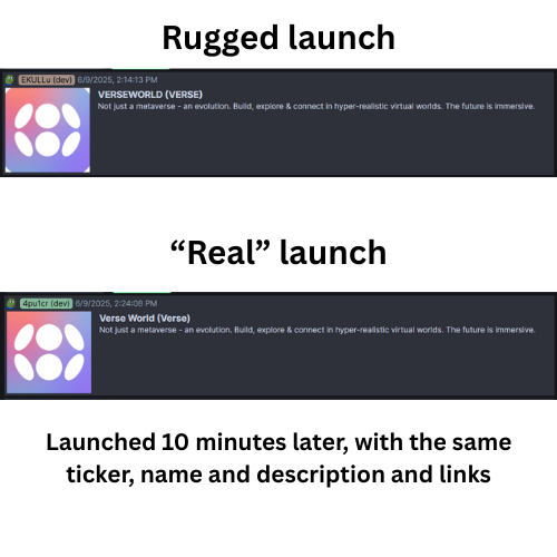 Did $Verse rug their first launch before launching the "real" one?

Nzj87dDNPtALb5EUkrpN36VhmLz4WQ5MuWjrep6pump

This was created 10 minutes prior, with the same name, ticker, and description. Verse did not pre-announce a token launch. How would this person know?

It also bonded