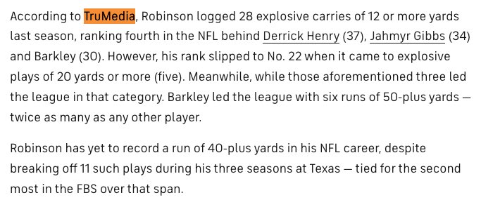 TruMedia (@trumediasports) on Twitter photo Bijan Robinson is looking to build on a strong 2nd year with a new area to his game, explosive runs. While ranking 4th in carries of 12+ yards, he ranked 22nd in carries of 20+ yards. <a href="/CodyNagel247/">Cody Nagel</a> looks at which RB he’s hoping to emulate.
cbssports.com/nfl/news/how-f… Bijan Robinson is looking to build on a strong 2nd year with a new area to his game, explosive runs. While ranking 4th in carries of 12+ yards, he ranked 22nd in carries of 20+ yards. <a href="/CodyNagel247/">Cody Nagel</a> looks at which RB he’s hoping to emulate.
cbssports.com/nfl/news/how-f…