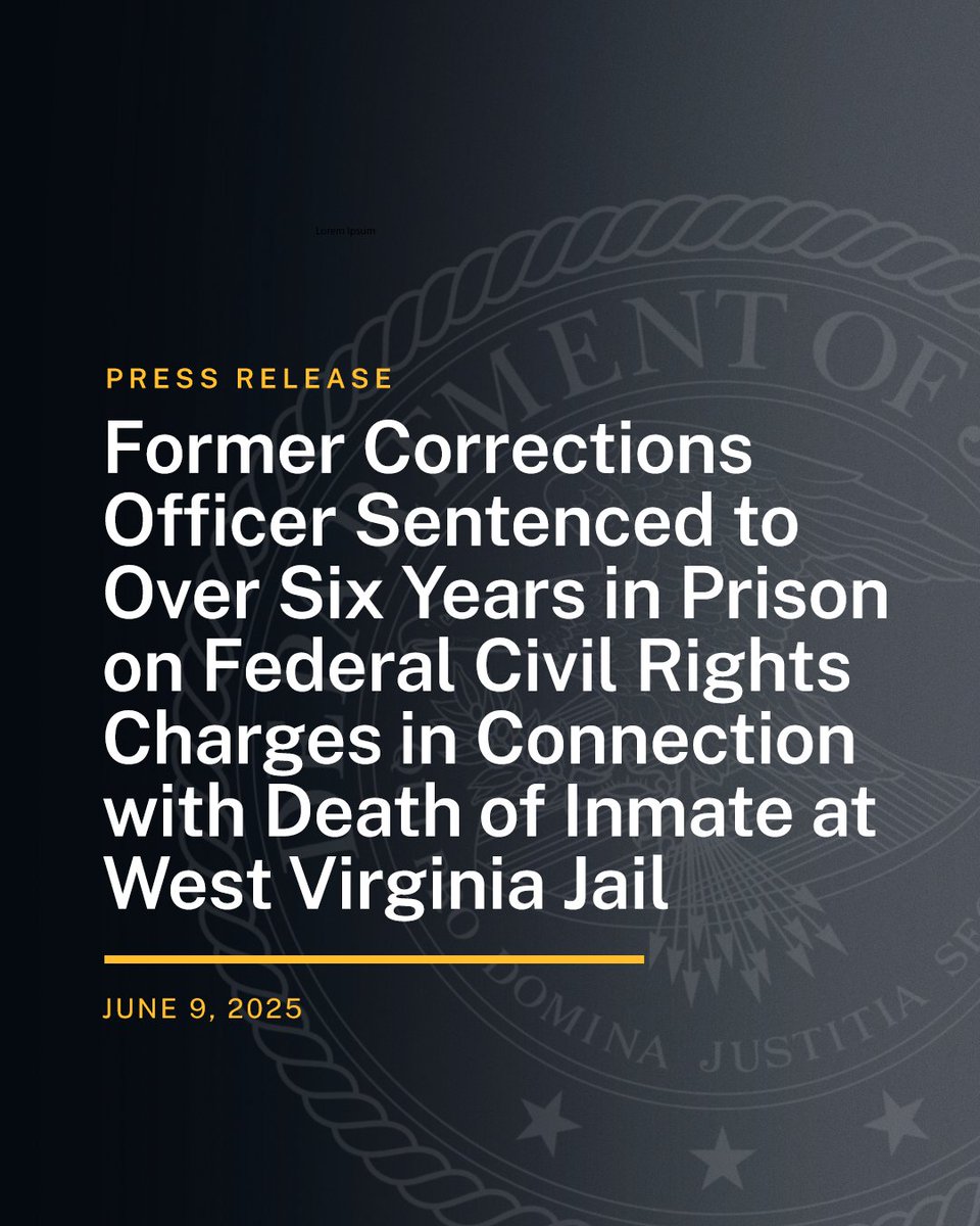 DOJ Civil Rights Division (@civilrights) on Twitter photo Former Corrections Officer Sentenced to Over Six Years in Prison on Federal Civil Rights Charges in Connection with Death of Inmate at West Virginia Jail
🔗: justice.gov/opa/pr/former-… Former Corrections Officer Sentenced to Over Six Years in Prison on Federal Civil Rights Charges in Connection with Death of Inmate at West Virginia Jail
🔗: justice.gov/opa/pr/former-…