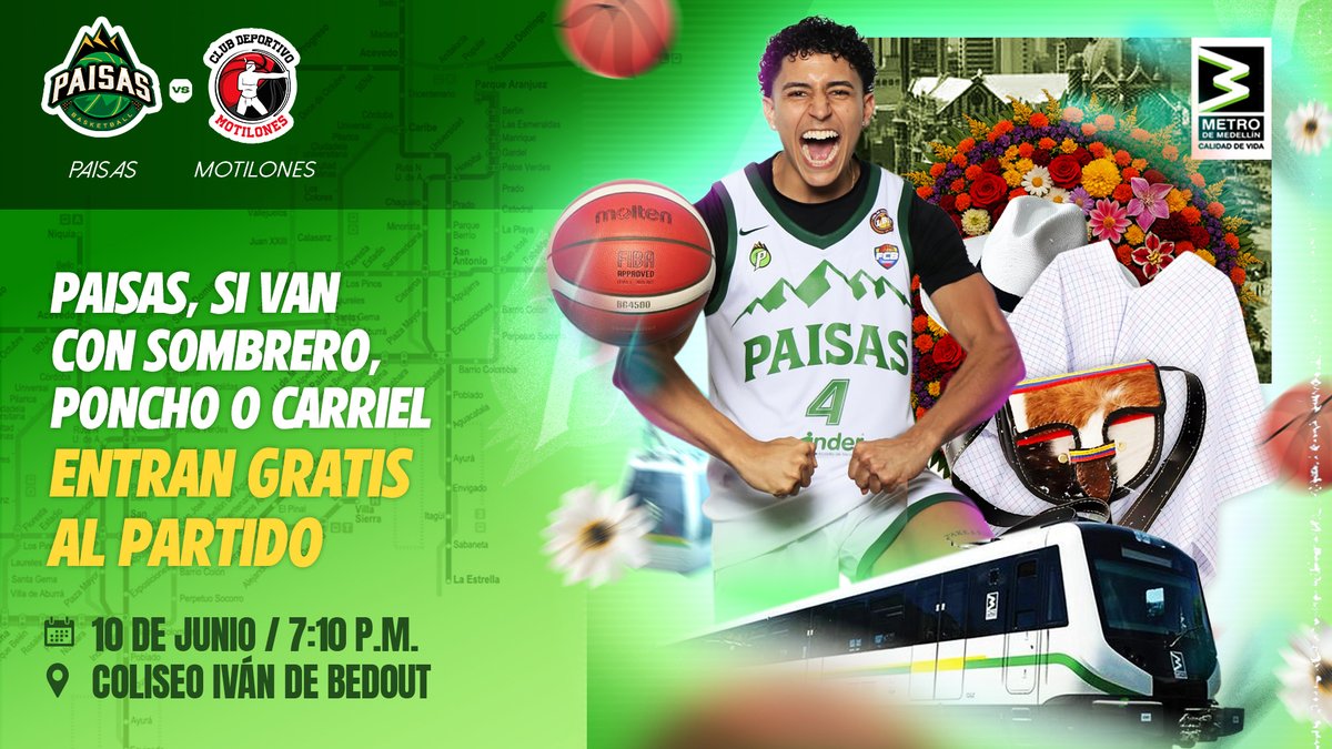 Ey, PAISAS, ¿sabían que están a un Metro del mejor baloncesto? 🚈🏀

🤠💚 Es así de fácil: vístete a lo PAISA con tu sombrero, poncho o carriel; súbete al Metro, bájate en la #EstaciónEstadio y dirígete al Coliseo Iván de Bedout para que disfrutes el partidazo entre los equipos