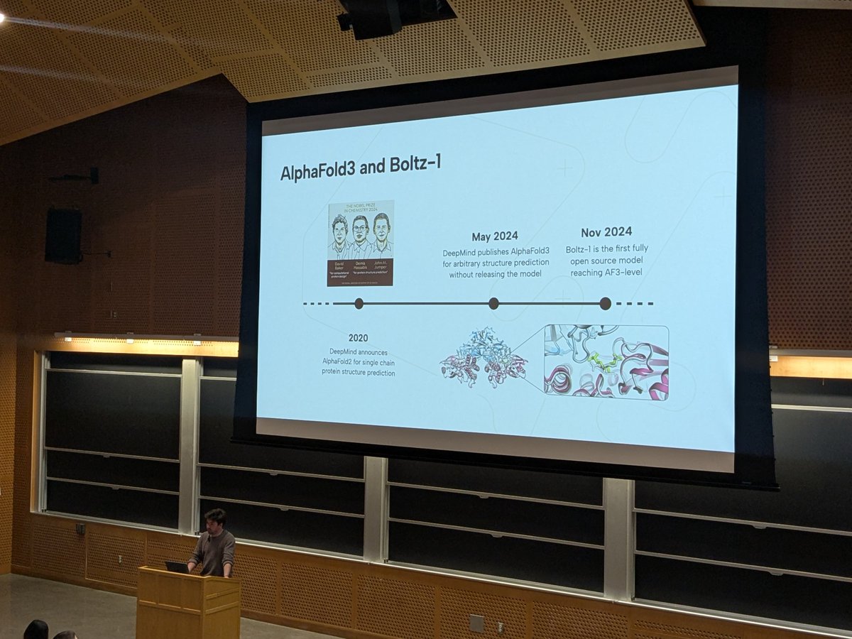 I'll be live-tweeting (live-posting?) notes from the Boltz-2 release event at MIT.

Initial observation: there's a big turnout! Almost every seat is taken at this event, which is rare for academic software releases.