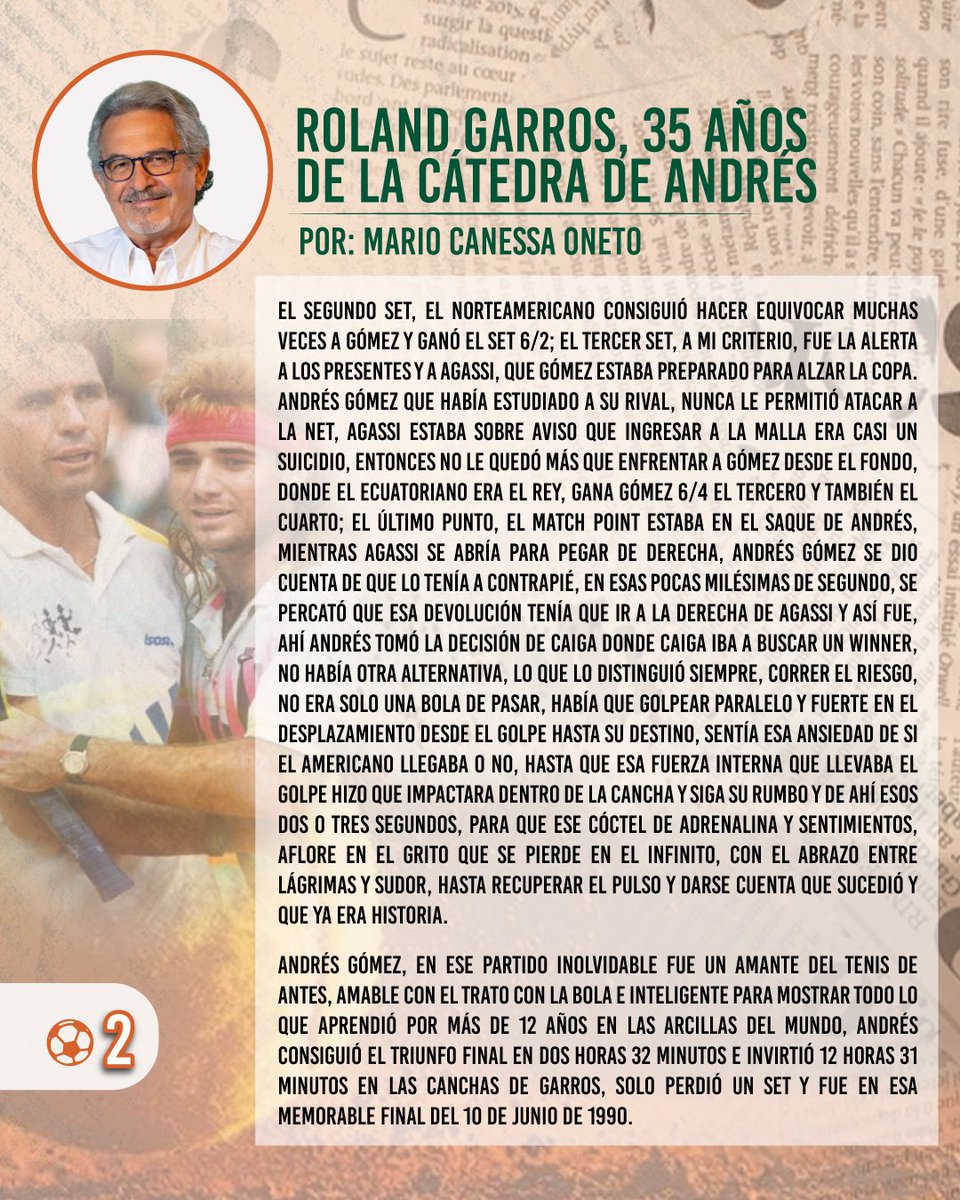 📝 ROLAND GARROS, 35 AÑOS DE LA CÁTEDRA DE ANDRÉS 🇪🇨

Te compartimos el editorial de la semana de <a href="/mariocanessa/">mario canessa oneto</a>, conmemorando el triunfo obtenido por Andrés Gómez, el 10 de junio de 1990 🎾