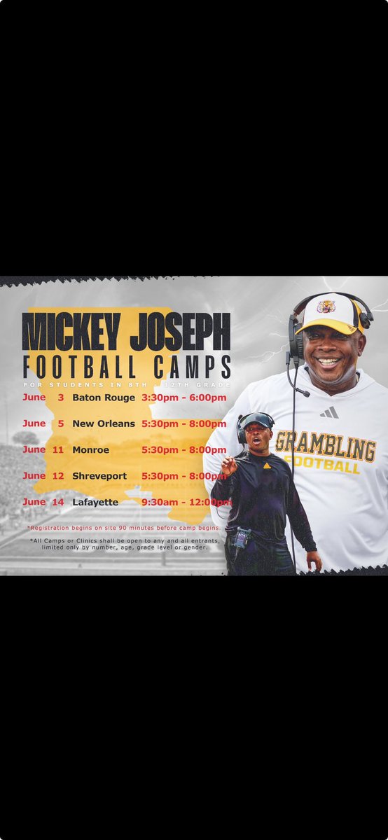BraxtinHarris's tweet image. Happy to say that I will be at Grambling camp on June 14th.
@KrisPeters06 @CoachLeeCollins @GSUFootball01