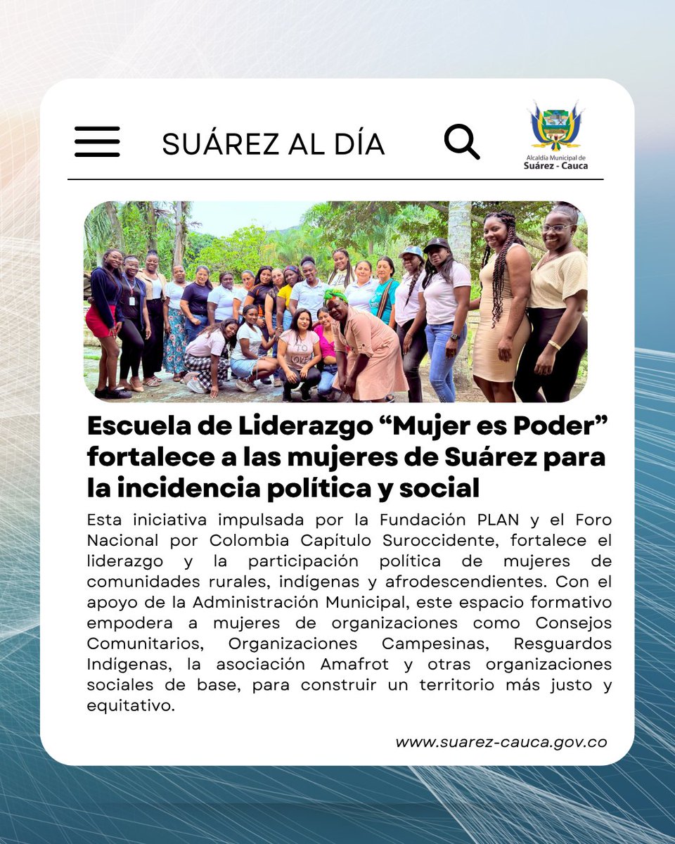 Alcaldía de Suárez, Cauca (@suarez_cauca) on Twitter photo En Suárez, las mujeres lideran con poder. 💜
La Escuela “Mujer es Poder” fortalece liderazgos femeninos para la incidencia política en el territorio.
Lee la nota completa aquí 👉suarez-cauca.gov.co/noticias/la-es…
#MujerEsPoder #LideroConVoz #SuárezAvanza
<a href="/FundaForoSurocc/">Fundación Foro Capítulo Suroccidente</a> <a href="/FundacionPlan/">Fundación PLAN</a> En Suárez, las mujeres lideran con poder. 💜
La Escuela “Mujer es Poder” fortalece liderazgos femeninos para la incidencia política en el territorio.
Lee la nota completa aquí 👉suarez-cauca.gov.co/noticias/la-es…
#MujerEsPoder #LideroConVoz #SuárezAvanza
<a href="/FundaForoSurocc/">Fundación Foro Capítulo Suroccidente</a> <a href="/FundacionPlan/">Fundación PLAN</a>