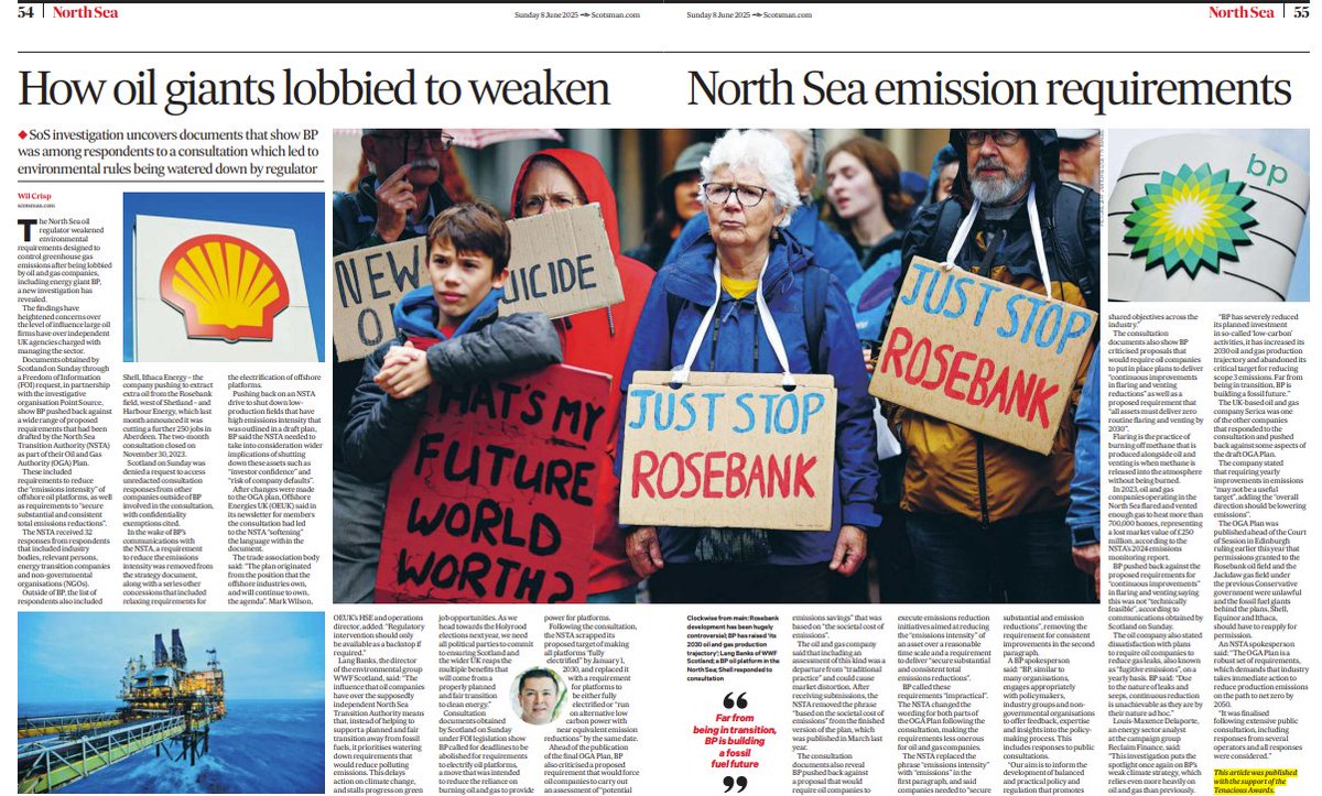 ThePointSource's tweet image. BP successfully lobbied the UK's North Sea oil regulator to weaken its plan to reduce offshore emissions.

Our latest exclusive pulished in @TheScotsman, in partnership with  @PINewsF and @TenaciousAwards: