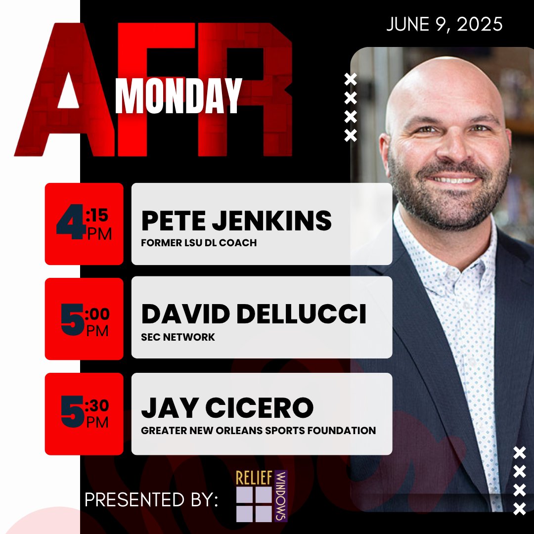 104.5 ESPN (@1045espn) on Twitter photo 🚨Monday's AFR presented by <a href="/Relief_Windows/">Relief Windows</a> 🚨
⏰3-6pm
⚾️LSU To CWS
⚜️Saints Free Agency
4:15-Coach Pete Jenkins
5:00-<a href="/DavidDellucci/">David Dellucci</a>
5:30-Jay Cicero 🚨Monday's AFR presented by <a href="/Relief_Windows/">Relief Windows</a> 🚨
⏰3-6pm
⚾️LSU To CWS
⚜️Saints Free Agency
4:15-Coach Pete Jenkins
5:00-<a href="/DavidDellucci/">David Dellucci</a>
5:30-Jay Cicero