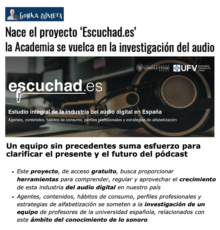 Gratitud eterna a <a href="/gzumeta/">Gorka Zumeta</a> por su constante y generoso apoyo hacia los trabajos que desde la universidad tratan de clarificar y orientar la transformación digital de #radio y #audio. Un lujo su carta de presentación del proyecto ESCUCHAD.es

🔗 acortar.link/lK9Pxo