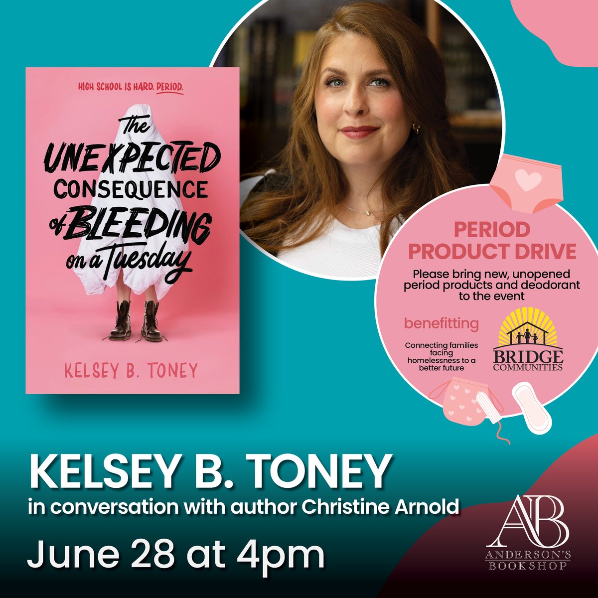 Bring some feminine products to support the period products drive at our event with Kelsey B. Toney (in convo w/ Christine Arnold) as we celebrate her new book! After the conversation, the authors will take Q&amp;A and then have a signing line. TICKETS: kelseybtoneyandersons.eventcombo.com