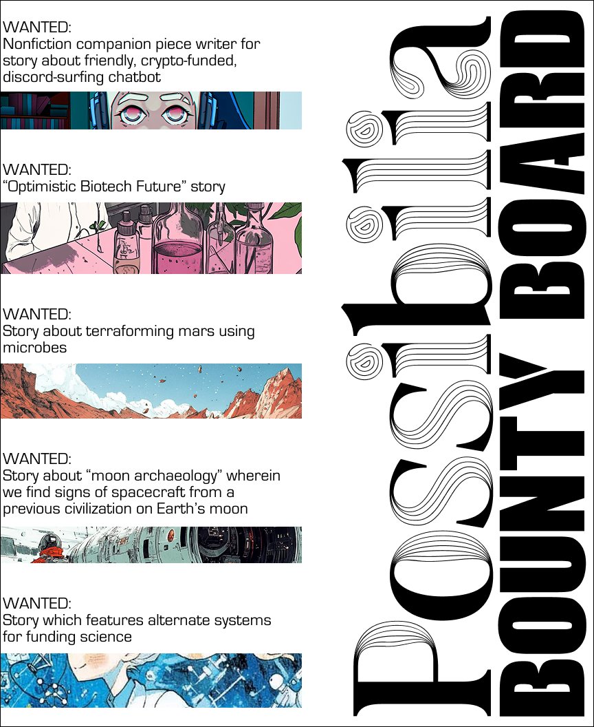 possibiliamag's tweet image. In case you missed it on Substack, we're starting a bounty board for stories we would like to tell and technologies we'd like to explore!

To submit: futureaesthetics.foundation/post/how-to-su…