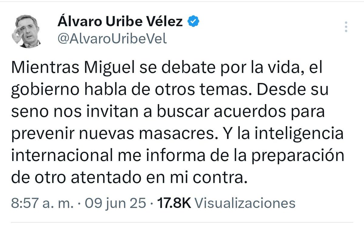 Daniel Lacalle (@dlacalle) on Twitter photo Colombia. El crimen organizado contra los defensores de la libertad y el silencio gubernamental cómplice.
Todo mi apoyo <a href="/AlvaroUribeVel/">Álvaro Uribe Vélez</a>
Rezamos por la recuperación de <a href="/MiguelUribeT/">Miguel Uribe</a> Colombia. El crimen organizado contra los defensores de la libertad y el silencio gubernamental cómplice.
Todo mi apoyo <a href="/AlvaroUribeVel/">Álvaro Uribe Vélez</a>
Rezamos por la recuperación de <a href="/MiguelUribeT/">Miguel Uribe</a>