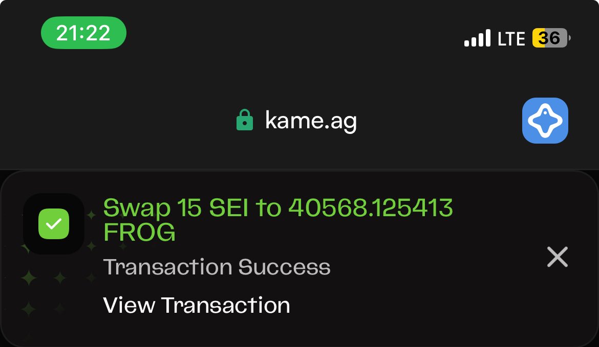 Day 60 of Sei Memecoin Madness💨

Using <a href="/kame_agg/">Kame Aggregator</a>, I was able to swap 15 $SEI into $FROG and I got 40,568 $FROG 🐸

FROG WILL MELT FACES ON SEI <a href="/FrogOnSei/">Froggy</a>