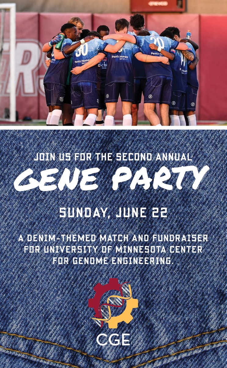 UMN Medical School (@umnmedschool) on Twitter photo Join <a href="/mplscitysc/">Minneapolis City SC</a> for the second annual GENE PARTY!👖🧬
⚽ A denim-themed soccer match and fundraiser for University of Minnesota Center for Genome Engineering (<a href="/umncge/">Center for Genome Engineering</a>)!
Last year, we raised $10,000. This year, we’re aiming even higher!
Learn more: bit.ly/4kYRNJs. Join <a href="/mplscitysc/">Minneapolis City SC</a> for the second annual GENE PARTY!👖🧬
⚽ A denim-themed soccer match and fundraiser for University of Minnesota Center for Genome Engineering (<a href="/umncge/">Center for Genome Engineering</a>)!
Last year, we raised $10,000. This year, we’re aiming even higher!
Learn more: bit.ly/4kYRNJs.