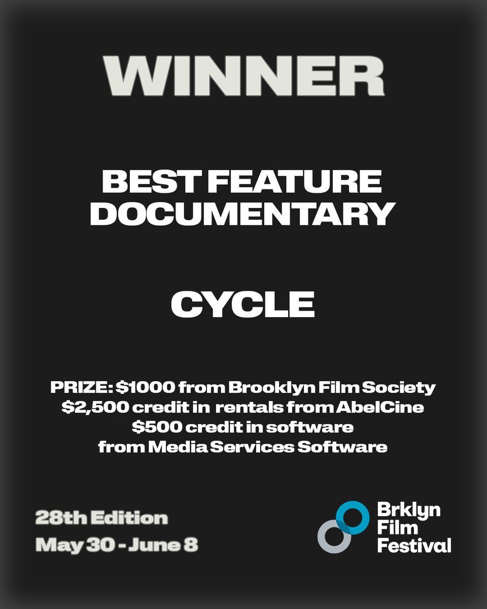 Announcing the Best in Category winners of the 28th Brooklyn Film Festival!

Best Documentary Feature: CYCLE by Laura Dyan Kezman &amp; William Howell