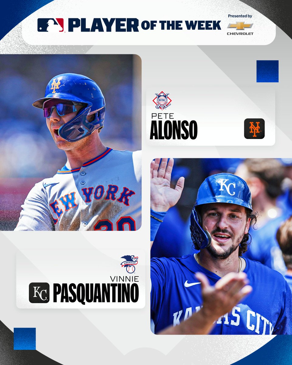 Vinnie Pasquantino: 13-for-26 (.500 AVG), 2 HR, 7 RBI
Pete Alonso: 12-for-30 (.400 AVG), 5 HR, 15 RBI

Your @Chevrolet AL and NL Players of the Week!