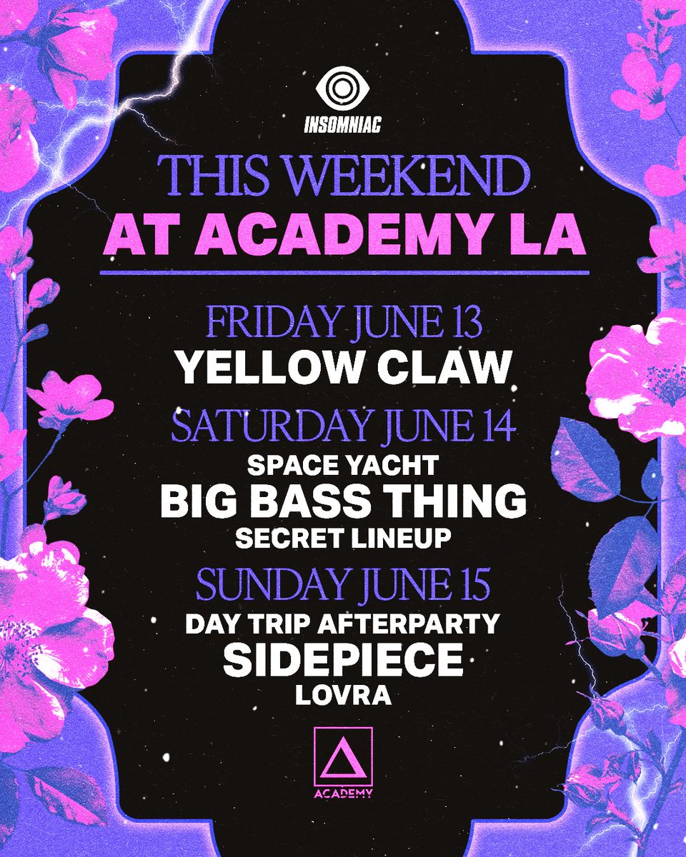 Academy LA (@academy__la) on Twitter photo This weekend’s looking stacked. 👀
Friday kicks off with <a href="/YELLOWCLAW/">YELLOW CLAW</a>. 💥
Saturday, <a href="/spaceyacht/">SPACE YACHT</a> brings <a href="/bigbassting/">Big Bass Ting</a> with a secret dubstep lineup. 🔊
Sunday, wrap it up with the <a href="/daytripla/">Day Trip ☀️</a> Afterparty with <a href="/youasidepiece/">SIDEPIECE 💋</a> 💋
Let’s run it! → academhy.la/events This weekend’s looking stacked. 👀
Friday kicks off with <a href="/YELLOWCLAW/">YELLOW CLAW</a>. 💥
Saturday, <a href="/spaceyacht/">SPACE YACHT</a> brings <a href="/bigbassting/">Big Bass Ting</a> with a secret dubstep lineup. 🔊
Sunday, wrap it up with the <a href="/daytripla/">Day Trip ☀️</a> Afterparty with <a href="/youasidepiece/">SIDEPIECE 💋</a> 💋
Let’s run it! → academhy.la/events