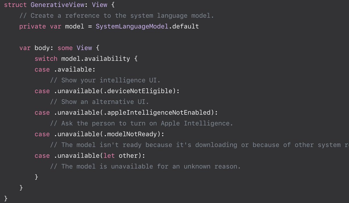 #WWDC25 FoundationModels allow your app to tap into Apple Intelligence but remember to check for availability!

#iosdev