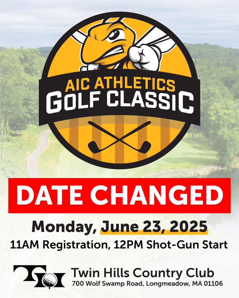 🚨DATE CHANGE🚨

Due to a scheduling conflict on behalf of the venue, the AIC Athletics Golf Classic will now be on June 23rd. Start time will remain the same. 

#AICAthleticsGolfClassic