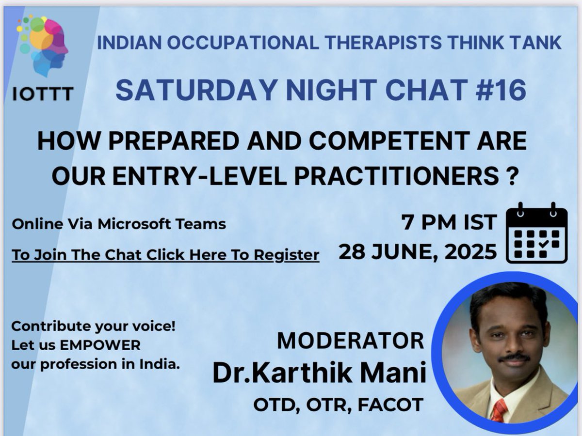 Join us to brainstorm on how well our entry level practitioners are able to integrate into practice and how experienced therapists could help them improve their competency. Our next Saturday Night Chat is on June 28th at 7 pm IST!!!

lnkd.in/gFsFh_s8