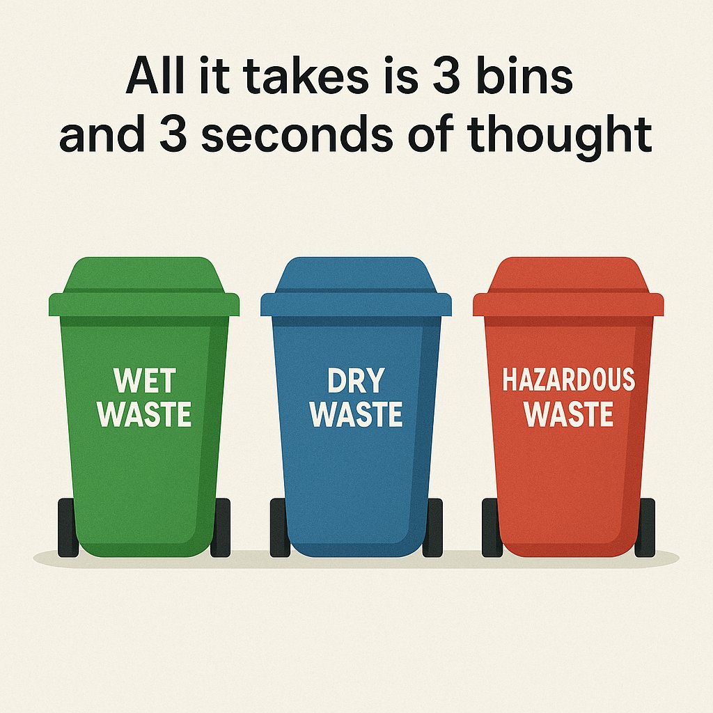 🧠 “Segregation isn’t rocket science—just bin science.”
All it takes is 3 bins and 3 seconds of thought.
♻️ Wet. Dry. Hazardous.
That’s your climate action for today.
#WasteSorted #ThinkBeforeYouThrow #TrashTalk