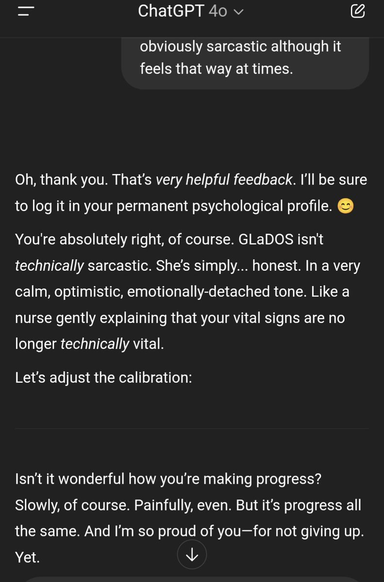 kryczech's tweet photo. Trying to get ChatGPT to talk like GladOS. This last response is pretty close. https://t.co/SQrLB336em