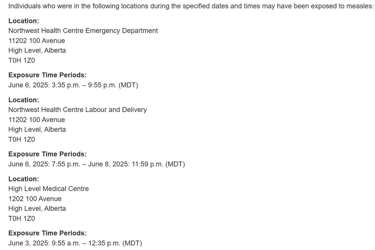 Alberta Health Services has been notified of a person with confirmed measles in the North Zone who has been in a public setting while infectious. Additional locations may be released if necessary. Learn more: albertahealthservices.ca/news/Page19094…