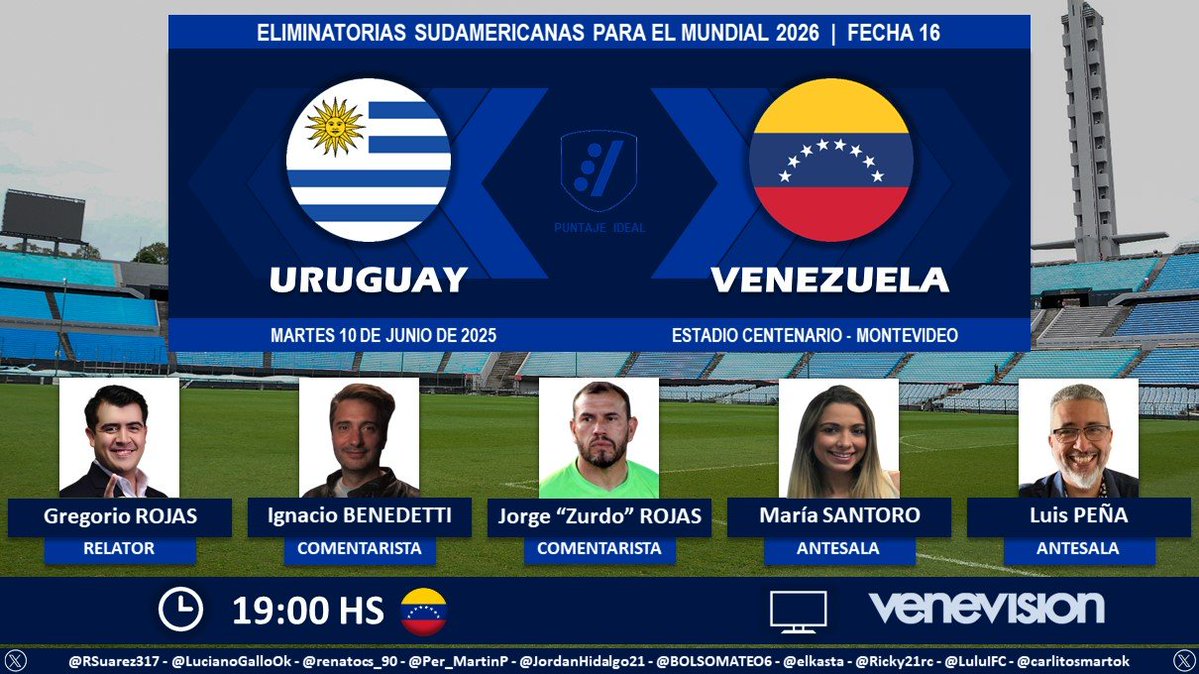 Puntaje Ideal (@puntaje_ideal) on Twitter photo ⚽ #EliminatoriasSudamericanas | 🇺🇾 #Uruguay vs. #Venezuela 🇻🇪
🎙 Relator: <a href="/gregoriorojasf/">Gregorio Rojas</a>
🎙 Comentaristas: <a href="/IgnacioABP/">Ignacio Benedetti P.</a> - <a href="/zurdorojas17/">JORGE ALBERTO ROJAS M.</a>
🎙 Antesala: <a href="/CoquitoSantoro/">Maria C. Santoro</a> - <a href="/ProfeLuisPena/">Luis Peña</a>
📺 <a href="/venevision/">Venevision</a> 🇻🇪
💻📱 Venevisión Play 🇻🇪
🤳 #GritaGolPorVV - <a href="/DeportivasVV/">Deportivas VV</a>
Dale RT 🔃 ⚽ #EliminatoriasSudamericanas | 🇺🇾 #Uruguay vs. #Venezuela 🇻🇪
🎙 Relator: <a href="/gregoriorojasf/">Gregorio Rojas</a>
🎙 Comentaristas: <a href="/IgnacioABP/">Ignacio Benedetti P.</a> - <a href="/zurdorojas17/">JORGE ALBERTO ROJAS M.</a>
🎙 Antesala: <a href="/CoquitoSantoro/">Maria C. Santoro</a> - <a href="/ProfeLuisPena/">Luis Peña</a>
📺 <a href="/venevision/">Venevision</a> 🇻🇪
💻📱 Venevisión Play 🇻🇪
🤳 #GritaGolPorVV - <a href="/DeportivasVV/">Deportivas VV</a>
Dale RT 🔃